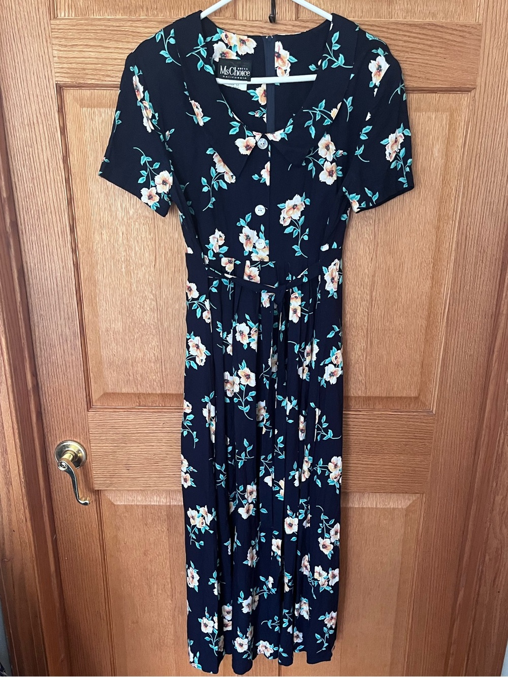 Vintage MS Choice California Navy Floral Midi Dress with Cream & Teal Accents.